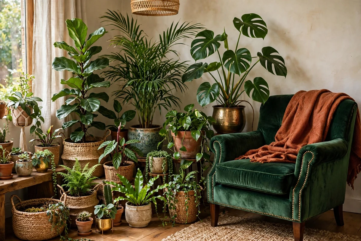 Houseplants in terracotta, brass, ceramic and woven basket pots beside a velvet armchair