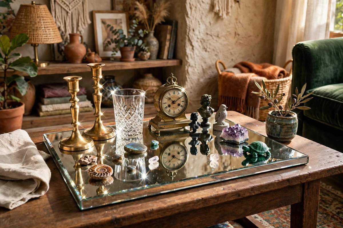 Mirrored tray holding brass candlesticks, crystal glass and small sculptures