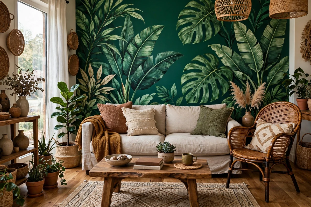 Eclectic living room with bold emerald botanical wallpaper accent wall behind a linen sofa