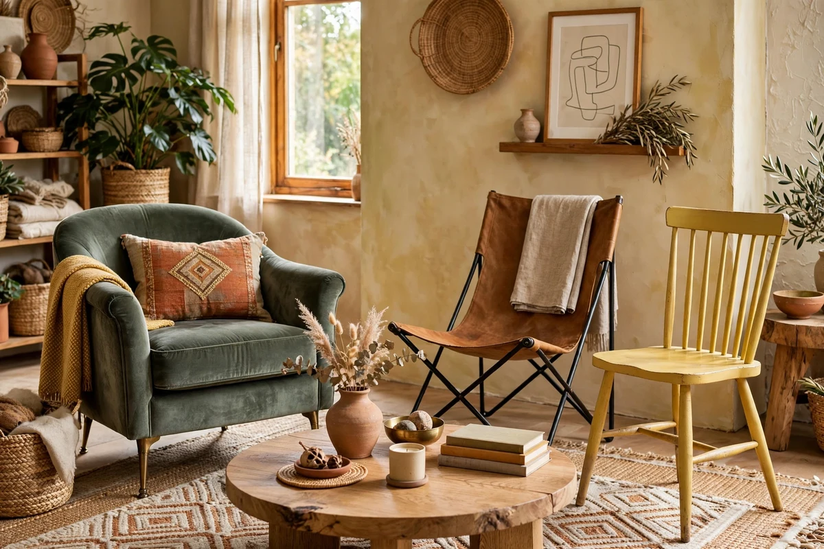 Mismatched velvet armchair, leather sling chair and painted wooden chair around a coffee table