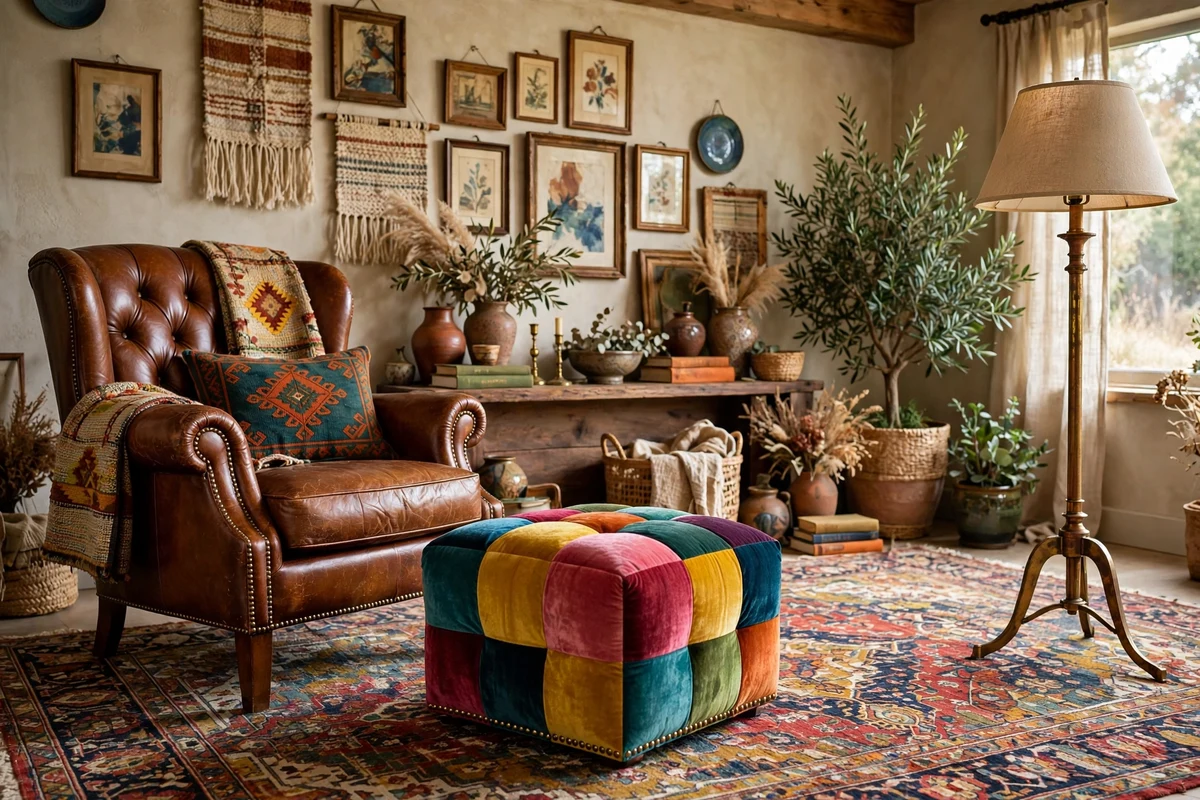Cognac leather club chair with a colorful velvet ottoman in an eclectic living room