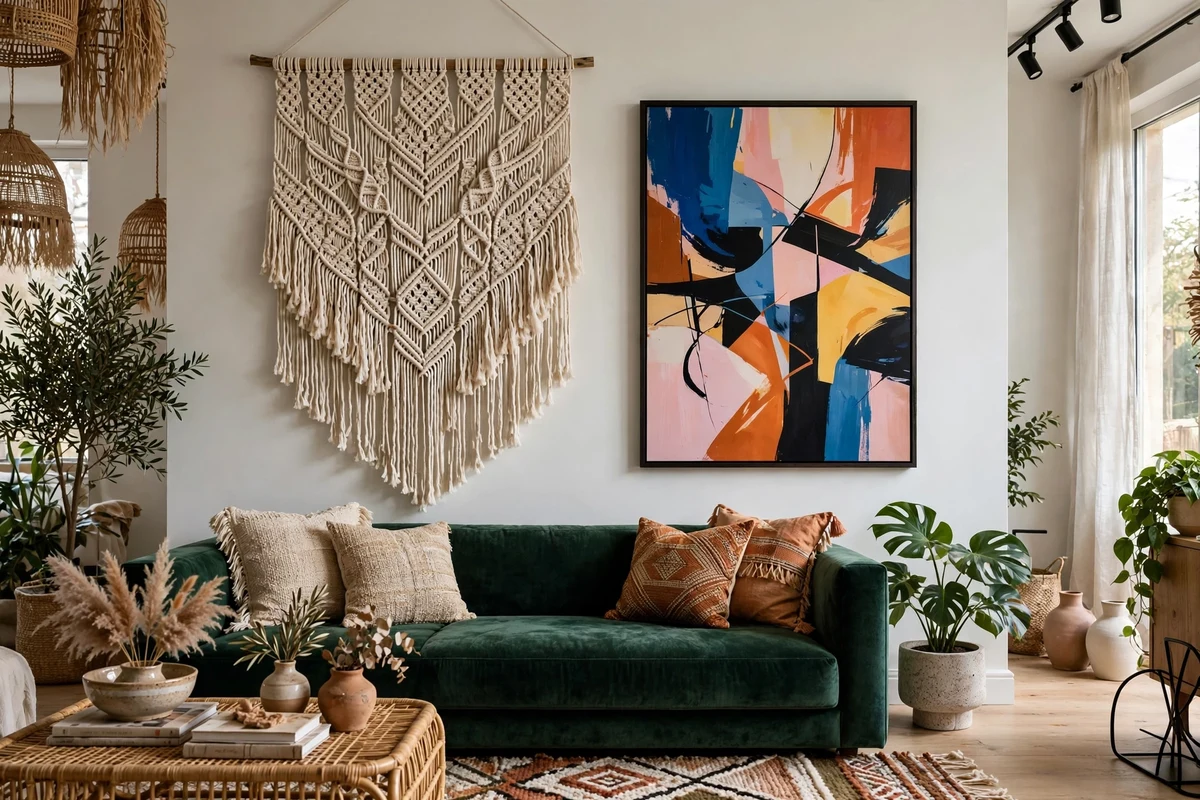Large macrame wall hanging beside a bold modern abstract painting above a velvet sofa