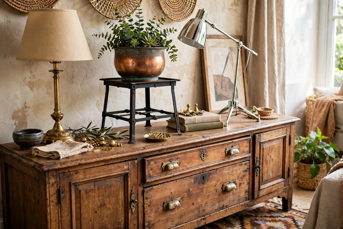 Brass lamp, black iron table, copper pot and chrome lamp styled on a vintage sideboard