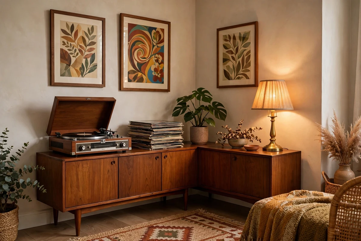 Vintage vinyl record player on a mid-century credenza with framed concert posters