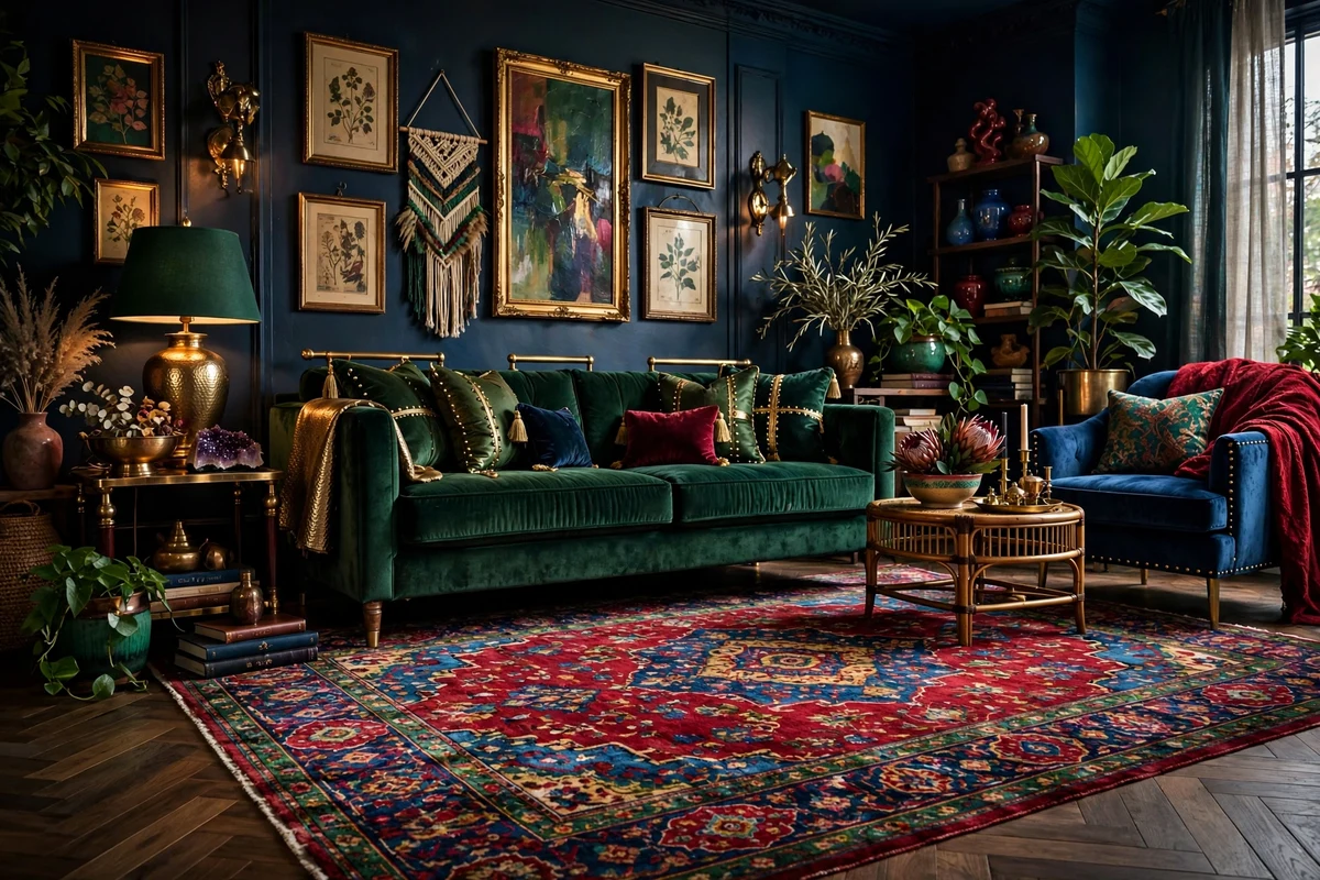 Rich jewel-tone Oriental rug in ruby, sapphire and emerald under velvet seating