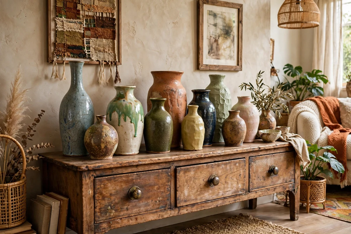 Collection of handmade ceramic vases in varied shapes and glazes on a wooden sideboard