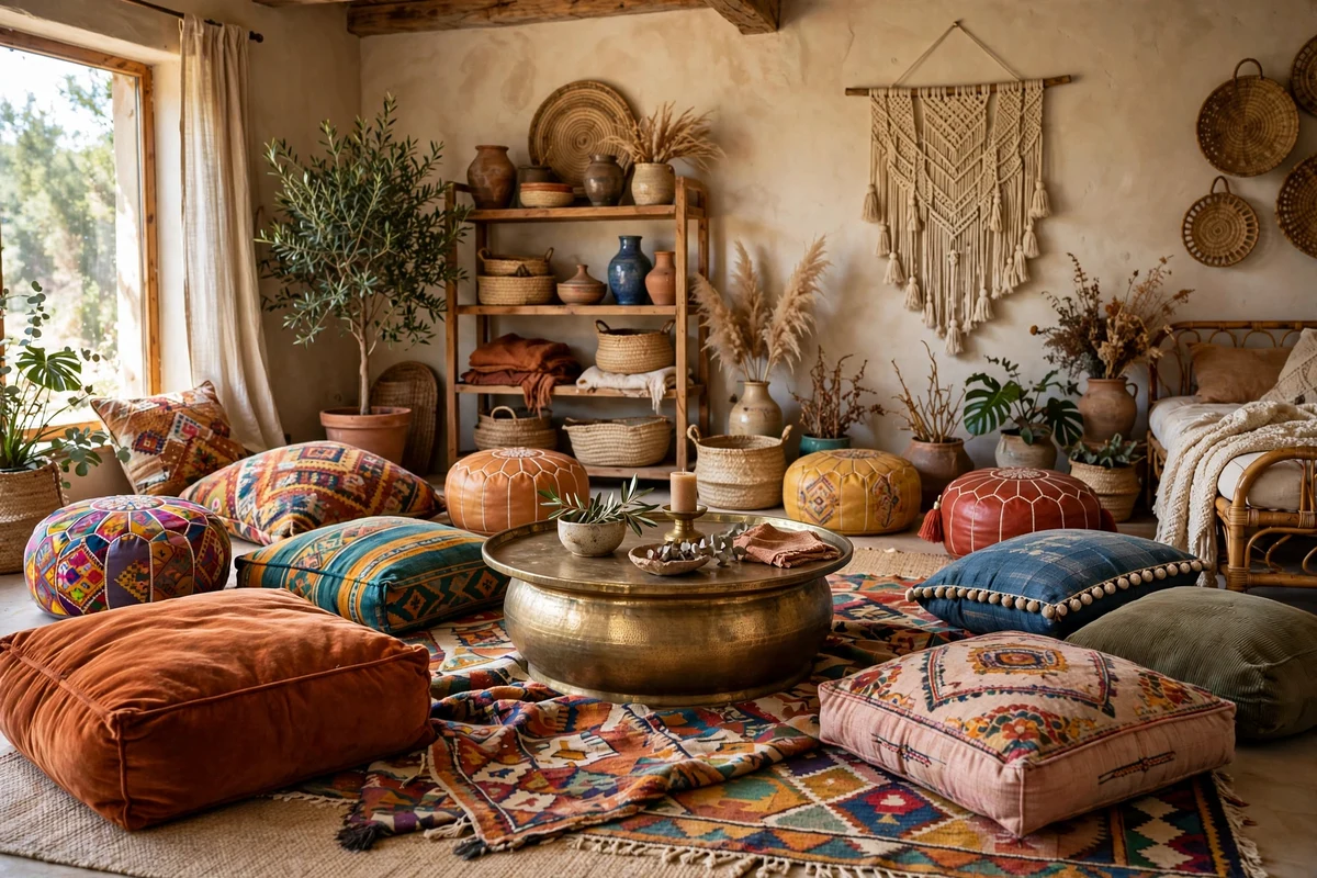 Oversized colorful floor cushions and Moroccan poufs around a low brass coffee table