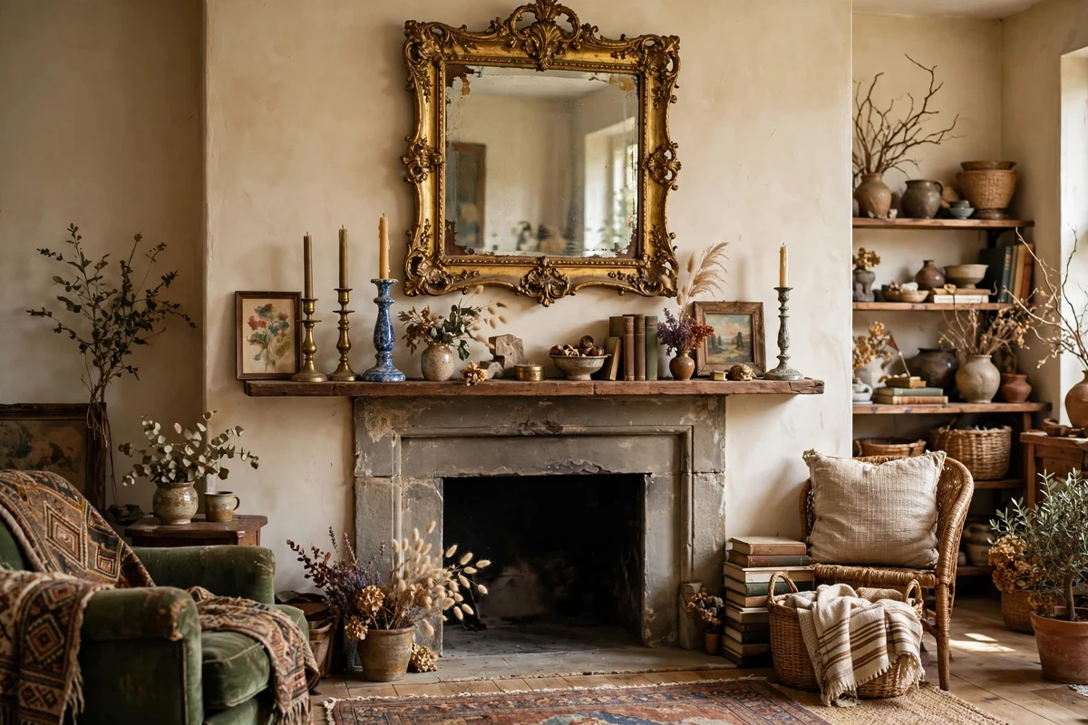 Ornate thrifted gilt mirror above a fireplace mantel styled with candlesticks and art