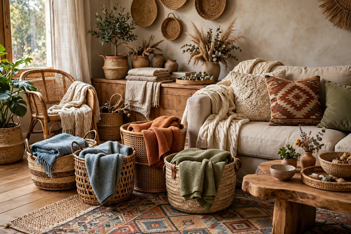 Woven seagrass and rattan market baskets holding throw blankets beside a sofa