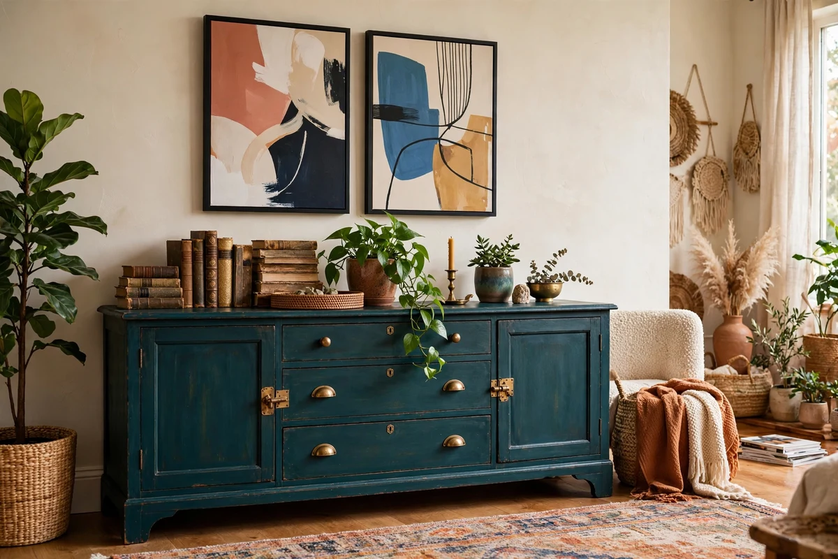 Vintage wooden sideboard painted deep teal with brass hardware styled with art and plants