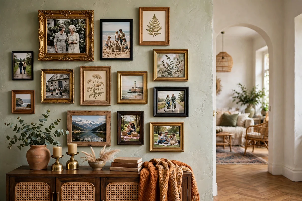 Wall of mixed gold, black, wood and brass picture frames with photos and vintage prints