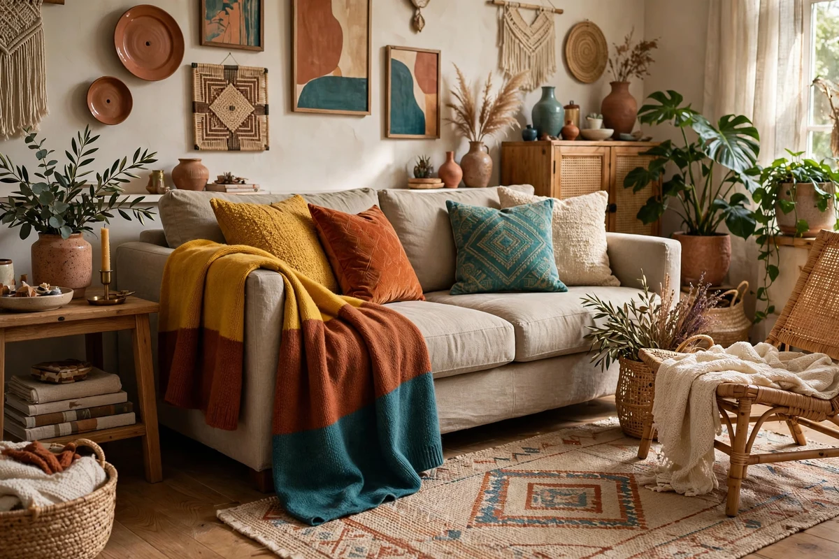 Bold color-blocked wool throw in mustard, rust and teal draped over a neutral sofa