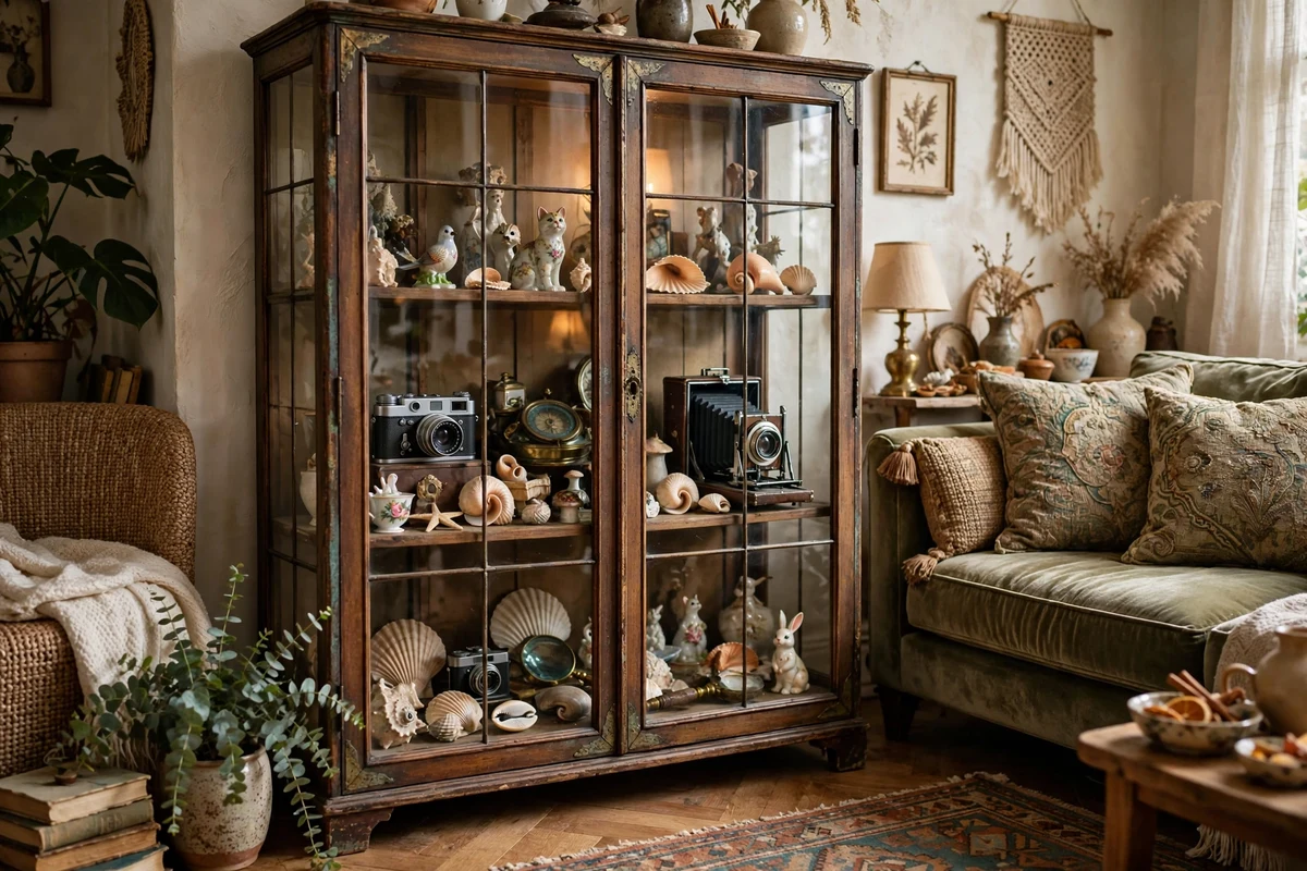 Antique glass-front curio cabinet filled with porcelain figurines and vintage cameras