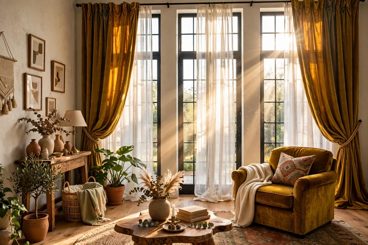 Tall windows with sheer white panels layered under heavy mustard velvet drapes
