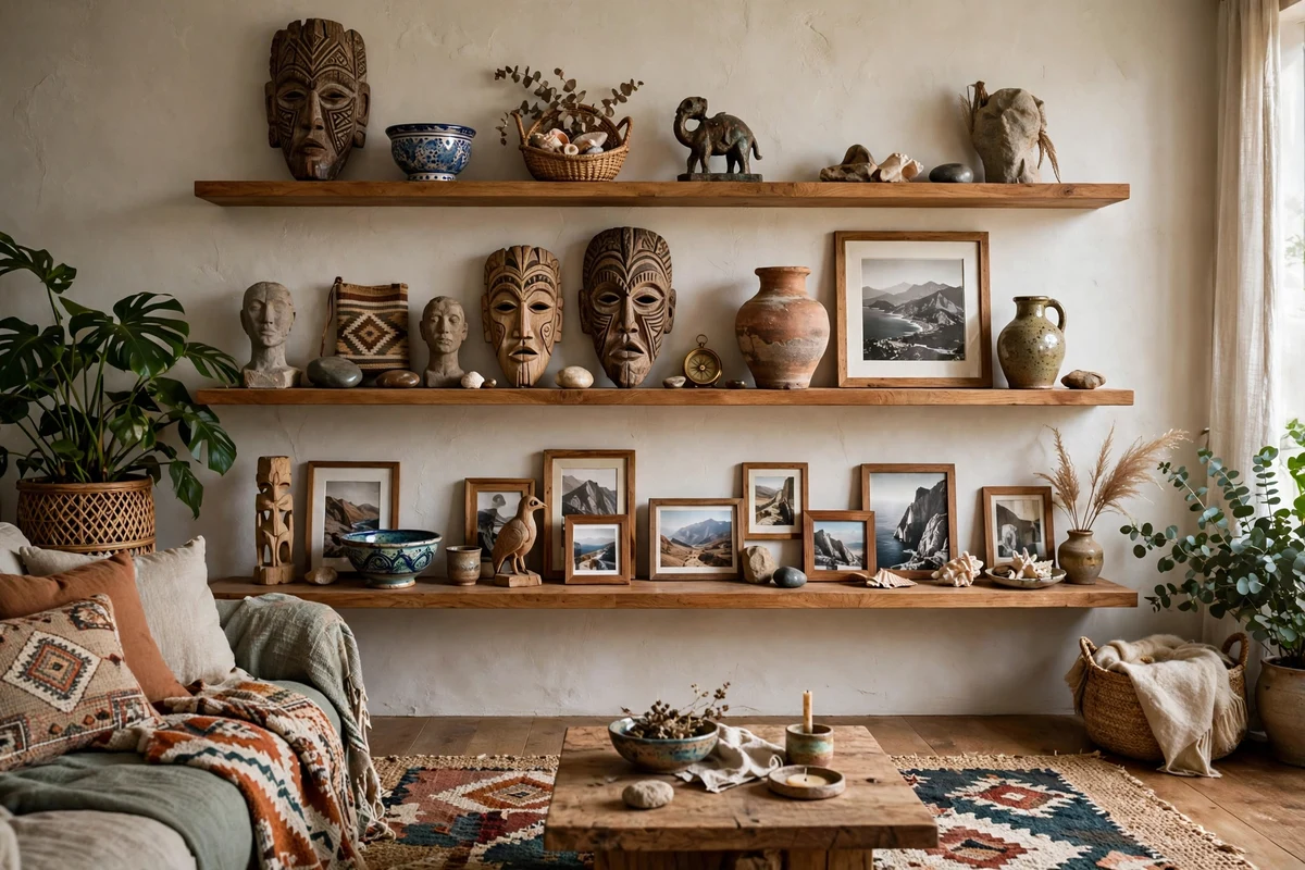 Floating shelves displaying travel souvenirs, carved masks, pottery and framed photos