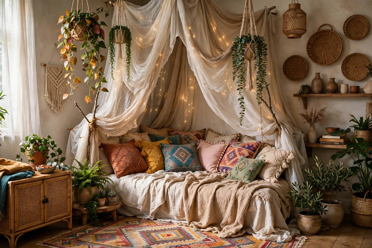 Boho canopy reading nook with draped fabric over a daybed piled with colorful pillows