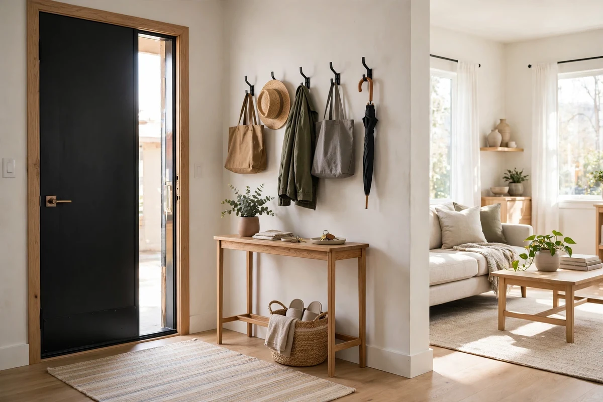 Defined studio apartment entryway zone with rug, console table and hooks by the front door
