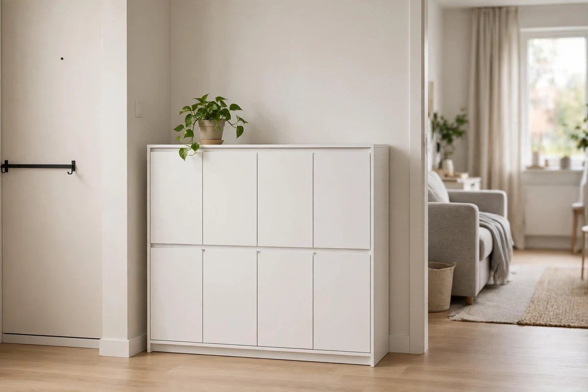 Tidy studio entryway with closed white shoe storage cabinet and clean floor