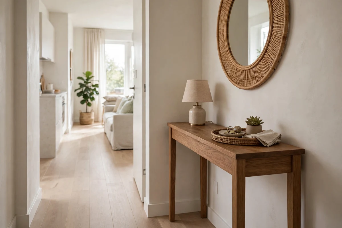Slim 10-inch deep wooden console table in a narrow studio apartment entryway