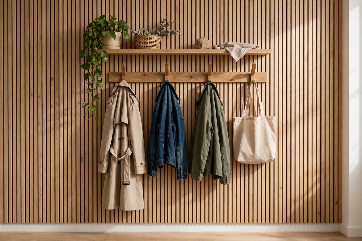 Wooden wall-mounted coat hooks with jackets neatly hung in a studio entryway
