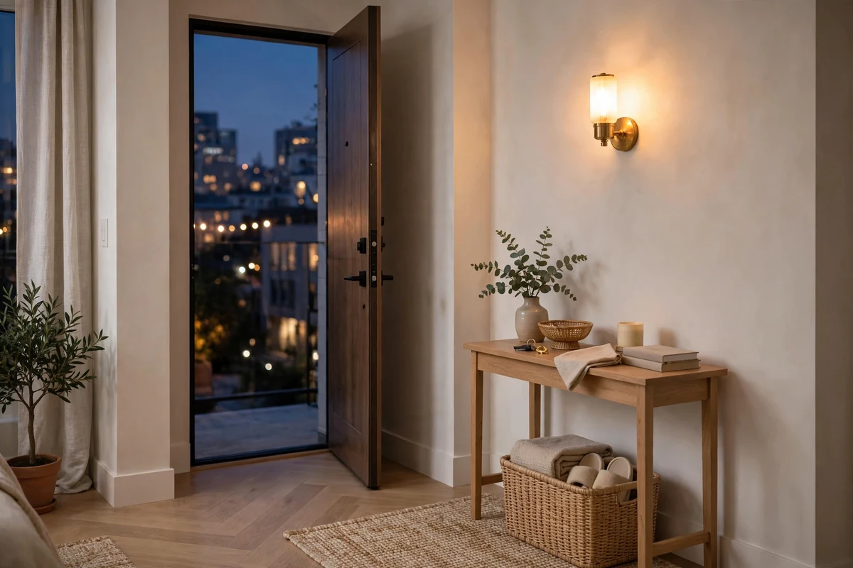 Bright studio entryway corner with warm glowing wall sconce light