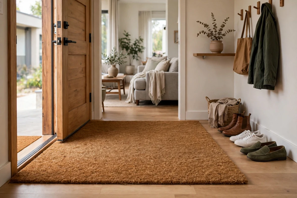 Properly sized natural coir doormat filling a studio apartment entry space