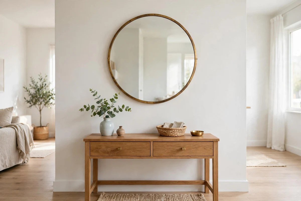 Round brass mirror hung at eye level above an entryway console table