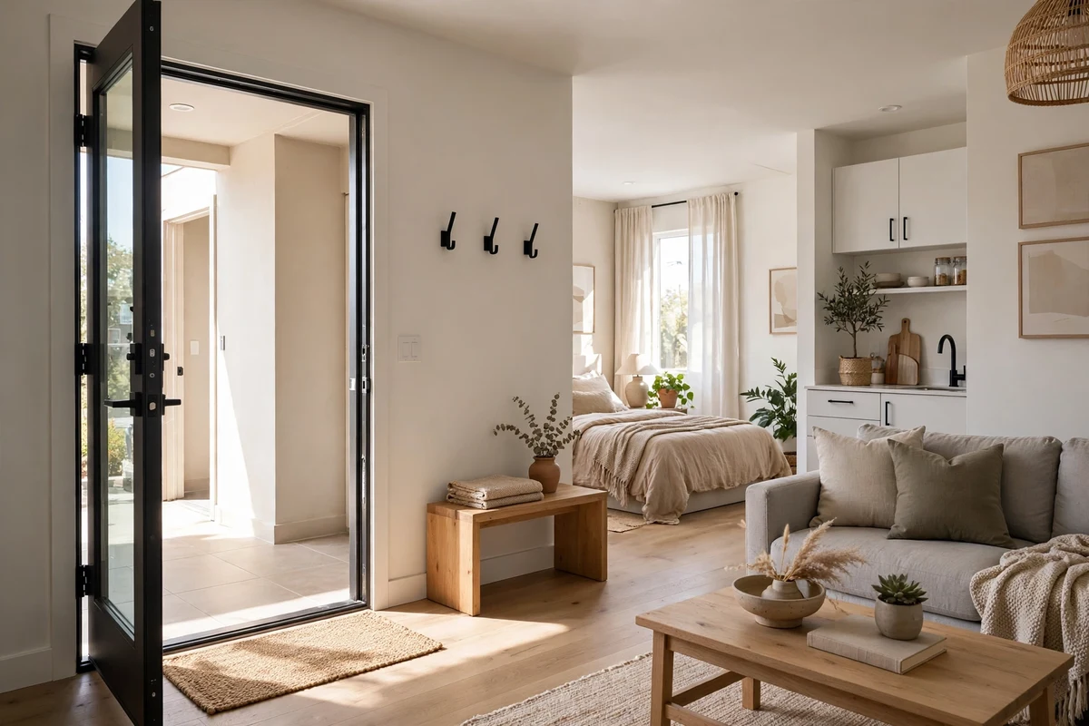 Studio apartment front door fully open with clear unobstructed swing area