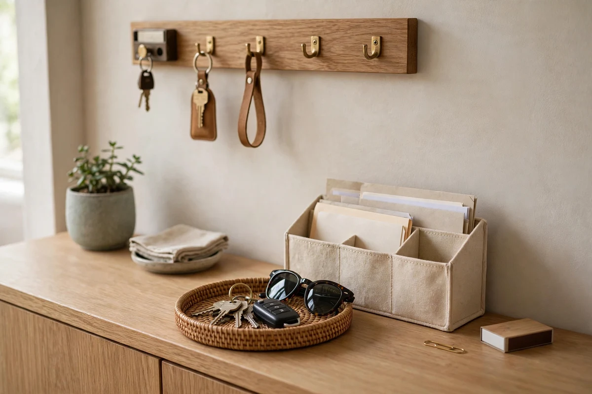 Entryway console with tray holding keys, wall-mounted key holder and mail organizer