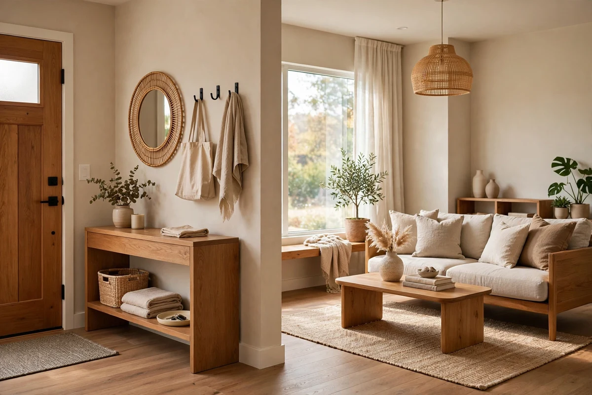 Cohesive studio entryway flowing into living area with matching wood tones
