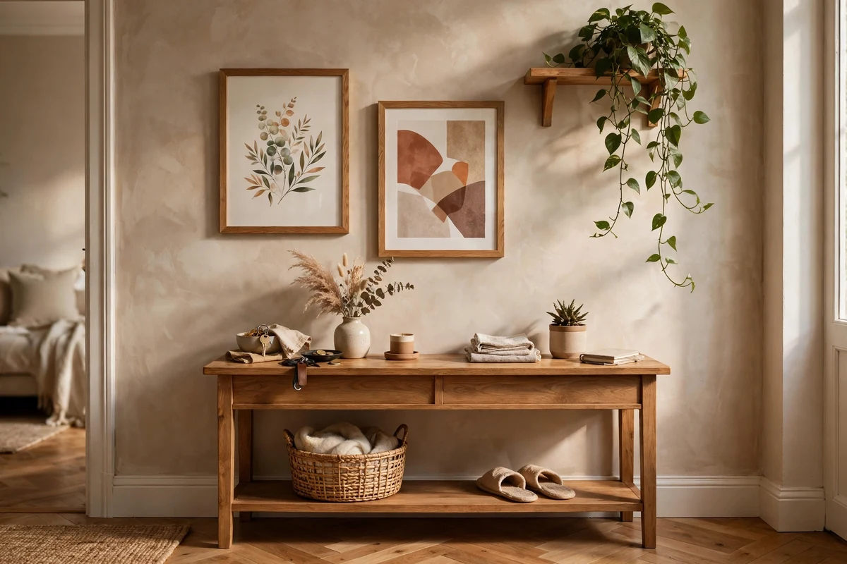 Entryway wall above console decorated with framed art prints and floating shelf with plant