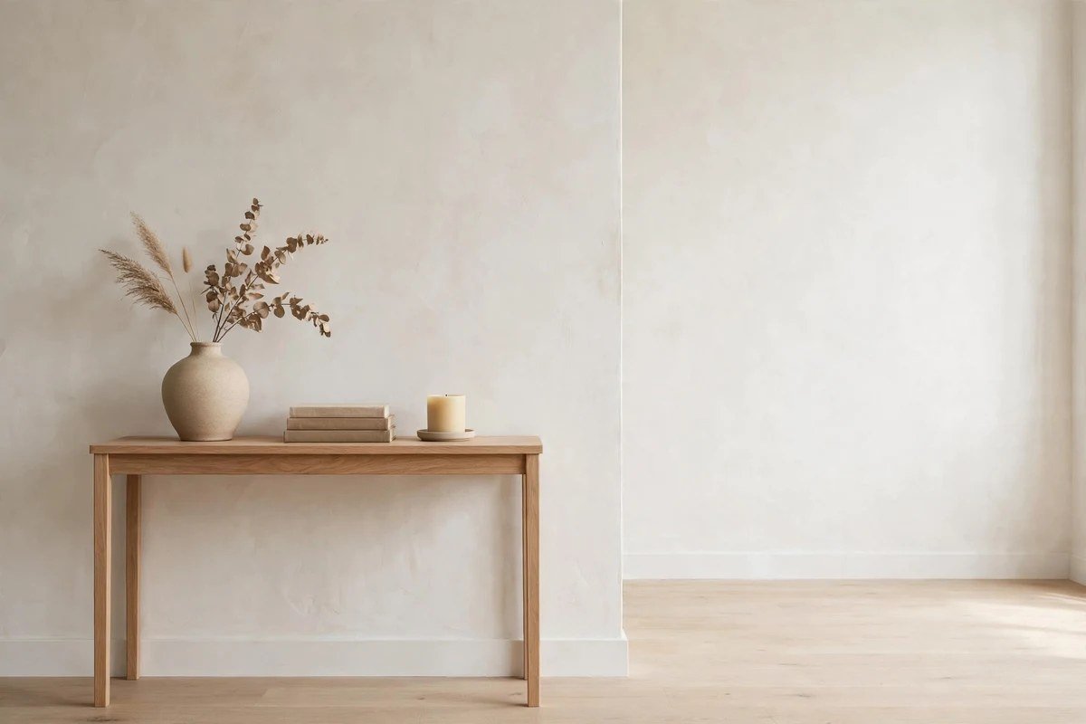 Minimally styled entryway console with three curated items and negative space