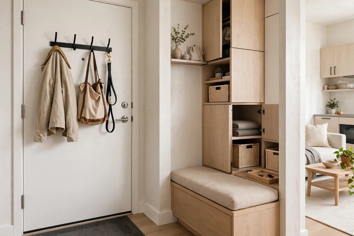 Over-the-door hook rack on studio apartment front door holding jacket and tote bag