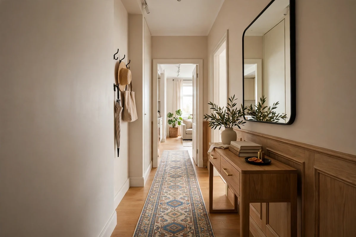 Patterned runner rug running the full length of a narrow studio entryway