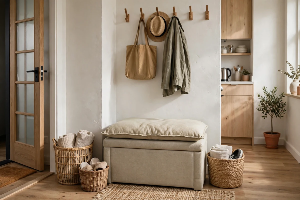 Compact upholstered entryway bench with hidden shoe storage in a studio foyer