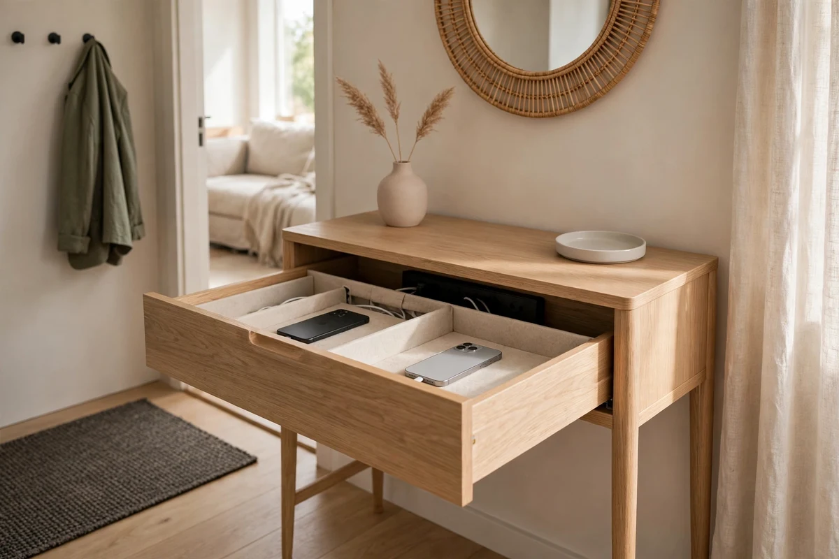 Tidy entryway console drawer with hidden charging station and managed cables