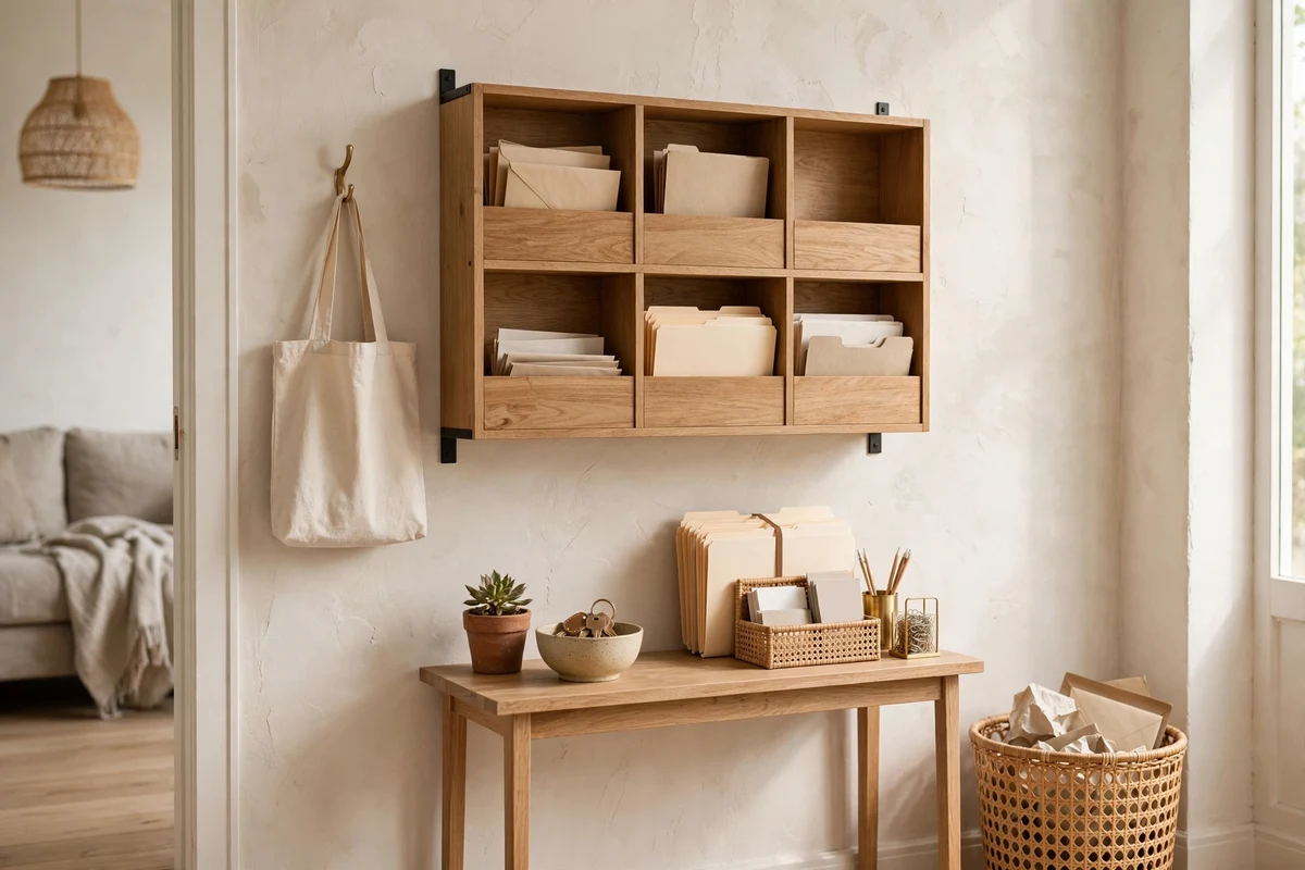 Wall-mounted wooden mail sorter with labeled slots above an entryway console