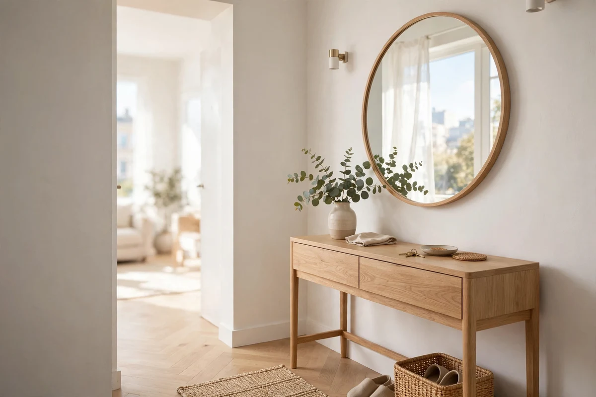 Small studio entryway painted warm white with light oak console feeling bright and open
