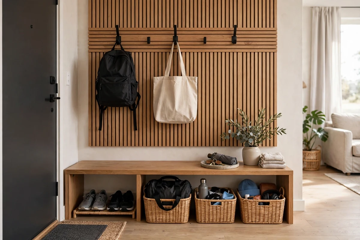 Studio entryway with dedicated bag drop zone, wall hooks and woven baskets