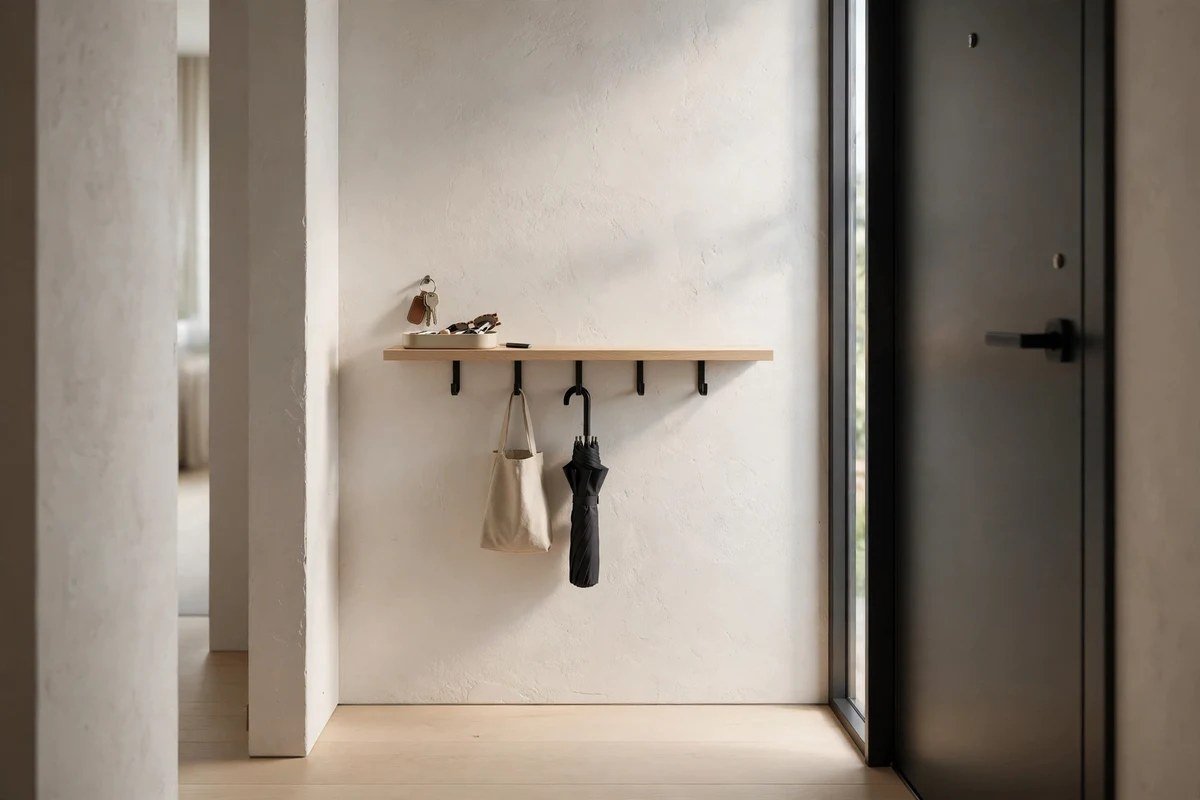 Slim floating wall shelf with hooks in a very tight studio apartment entryway