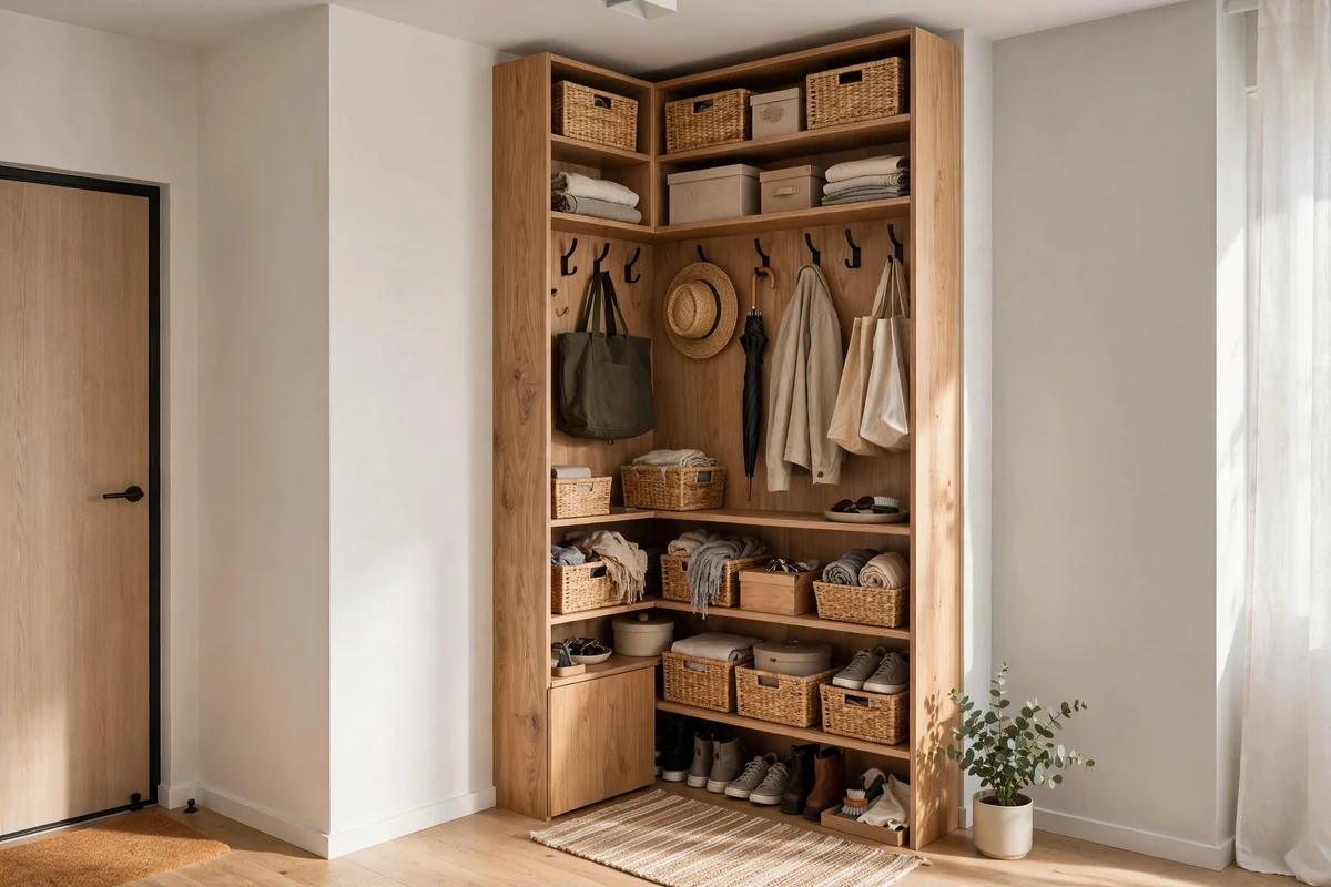 Tall narrow entryway storage tower using full vertical wall height in a studio