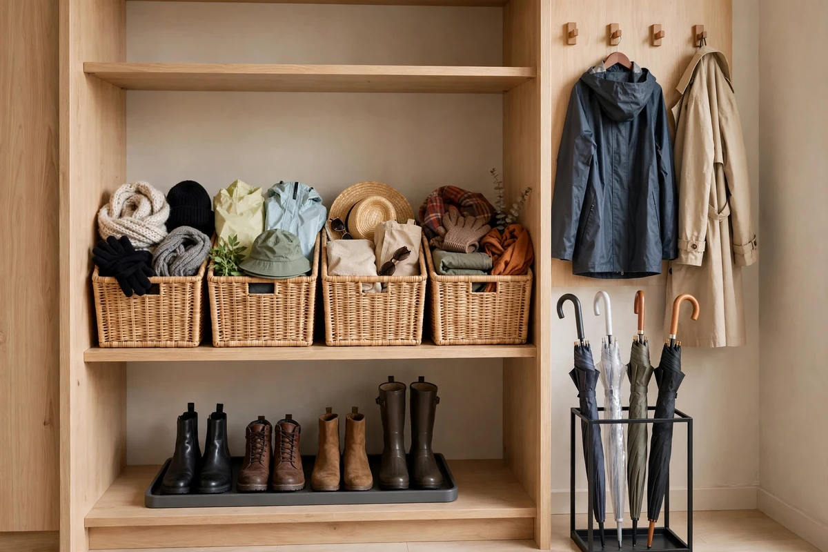 Neat entryway closet with labeled woven bins for seasonal gear organization