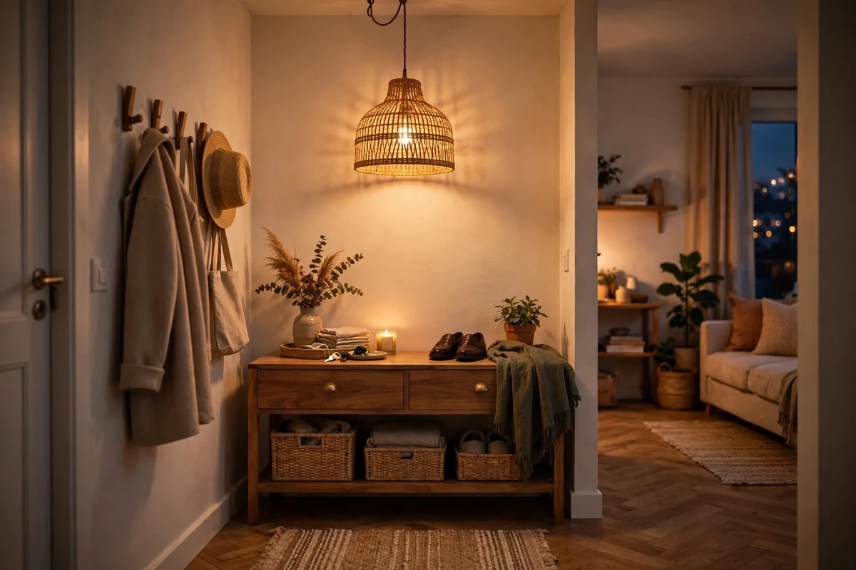 Studio entryway glowing with warm rattan pendant light in the evening