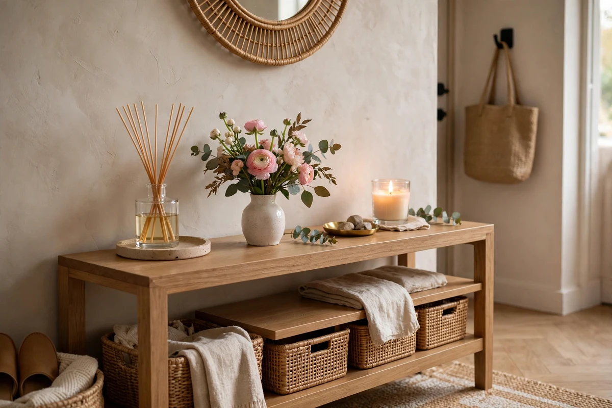 Welcoming entryway console styled with reed diffuser, fresh flowers and candle