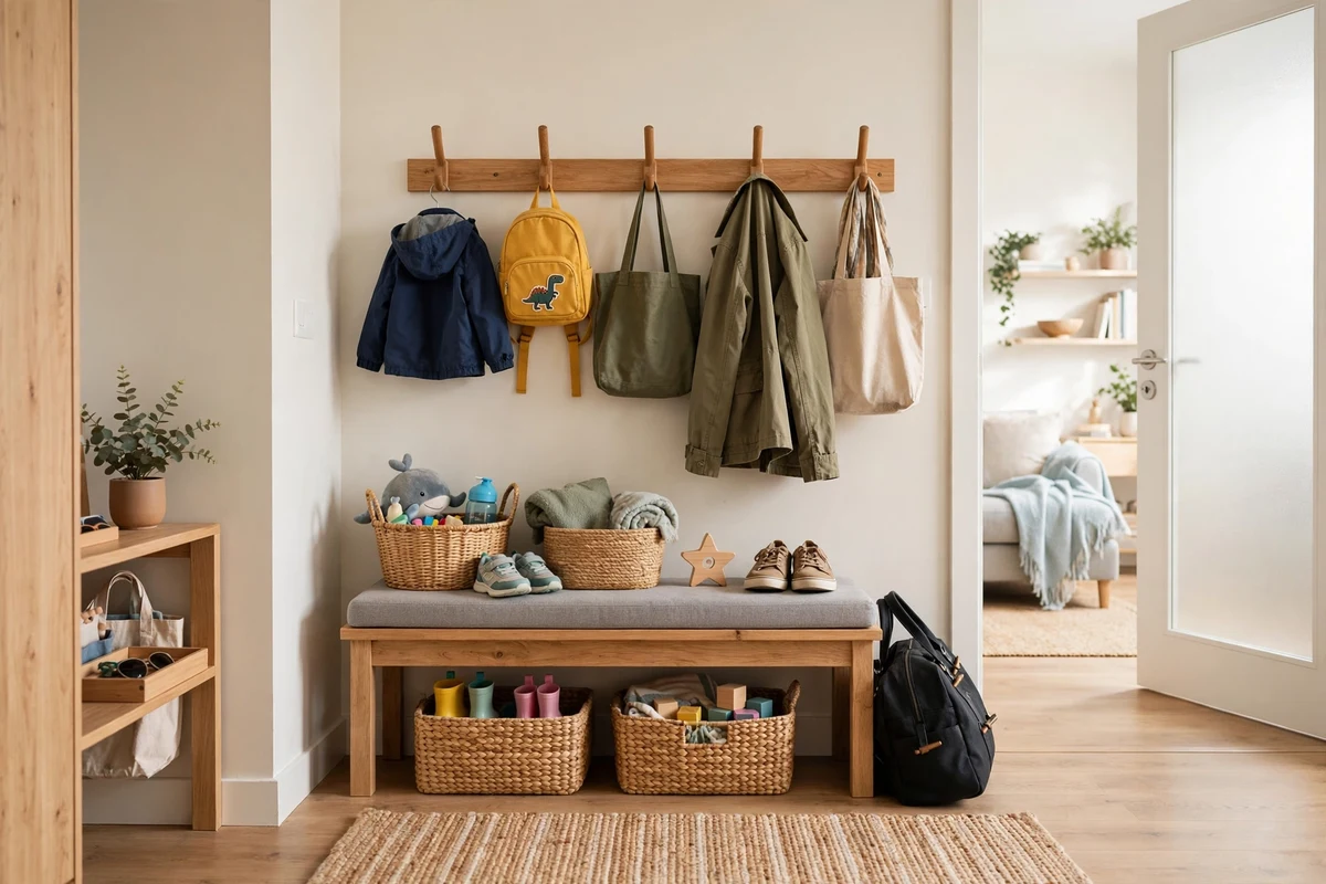 Coat hooks mounted at accessible height above a low bench in a studio entryway