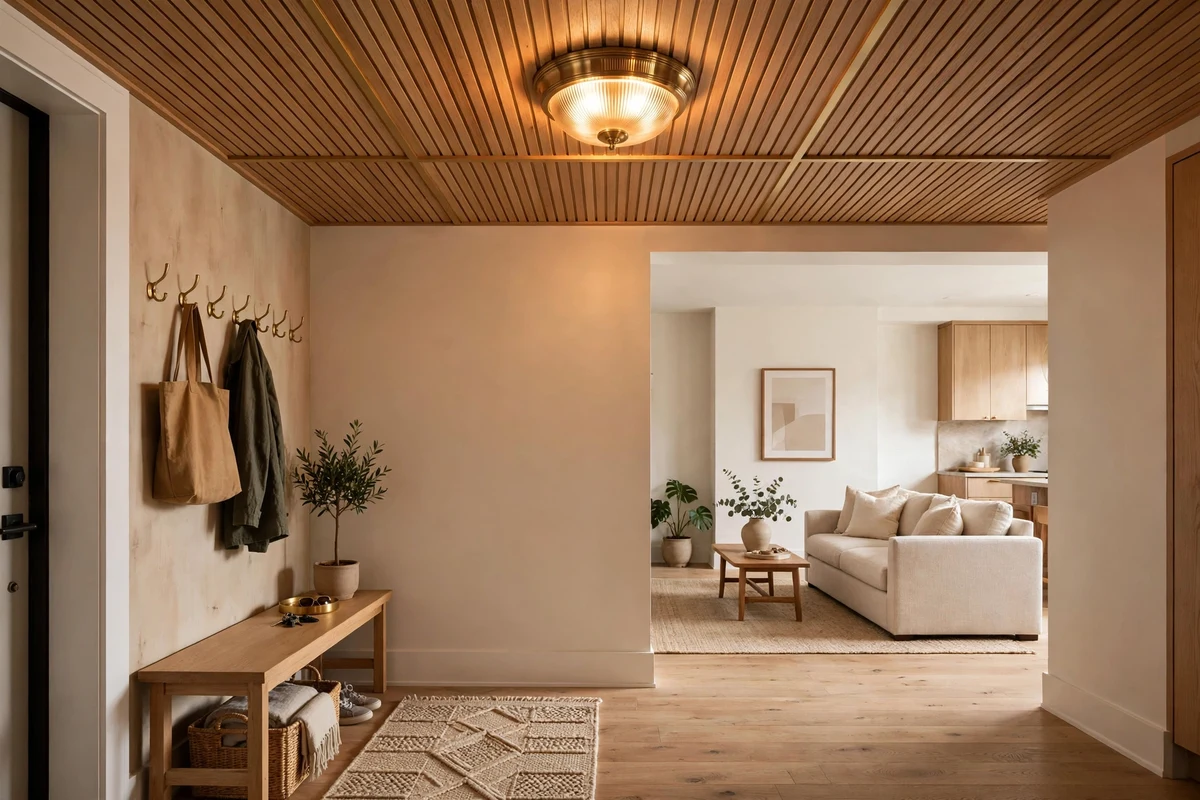 Beautiful flush-mount brass ceiling light fixture in a studio apartment entryway