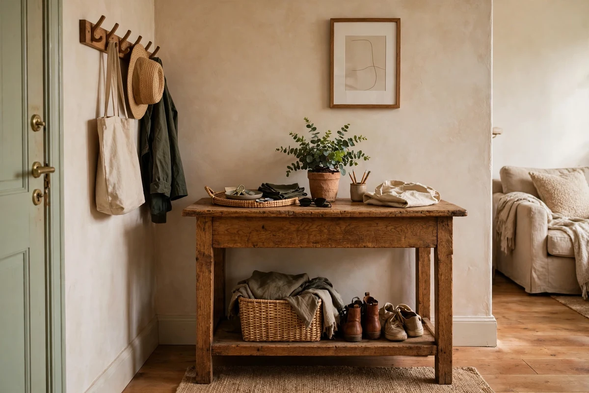 Solid oak console table with warm natural patina in a studio entryway