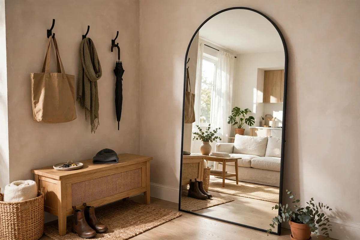 Full-length arched mirror leaning in a studio apartment entryway corner