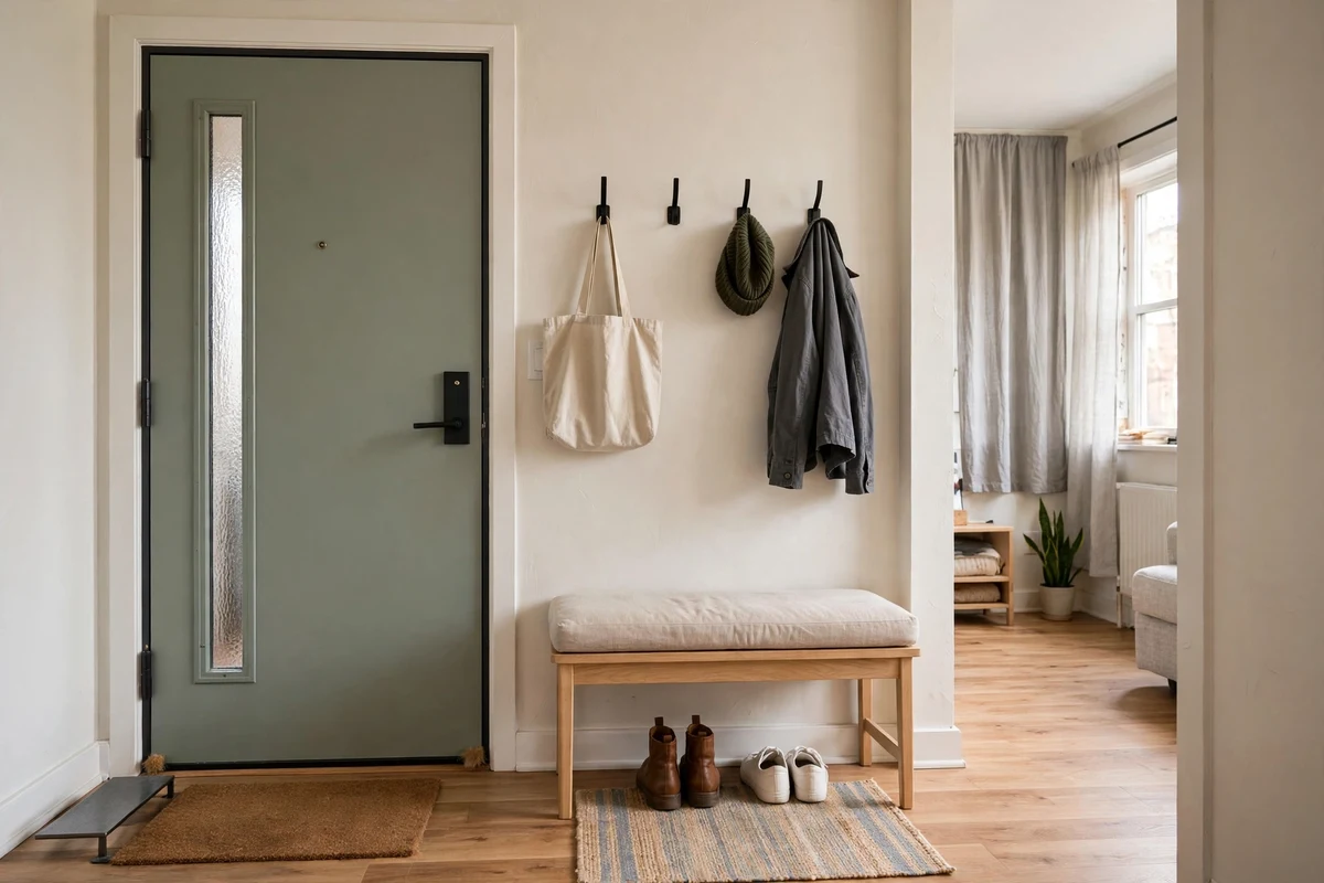 Realistic apartment-scale entryway with compact bench, hooks and small rug for studio living
