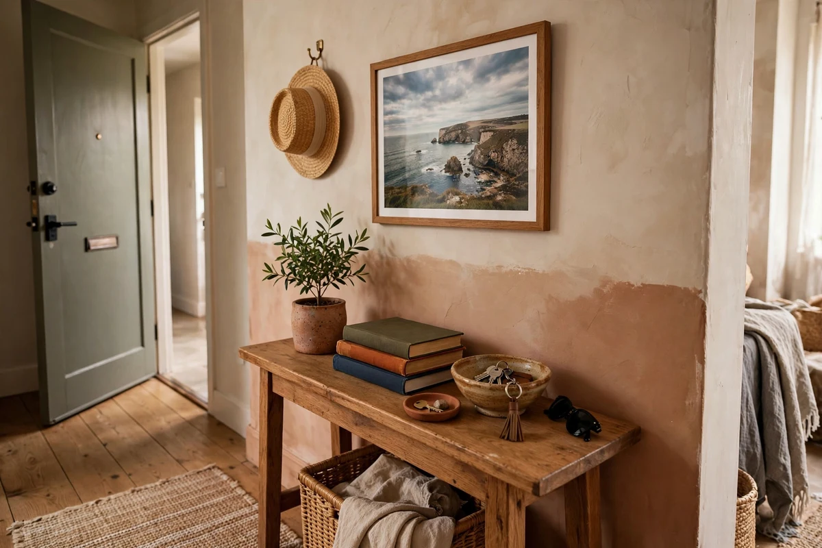 Studio entryway with personal touches, travel photo, plant and handmade key bowl